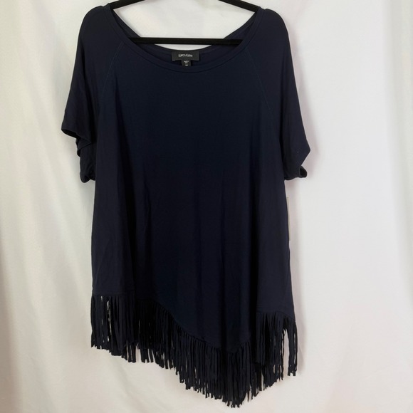 Karen Kane Navy Blue Asymmetrical Fringe Hem Tunic Top 3X NWT Boho Luxury $89 - Picture 1 of 9
